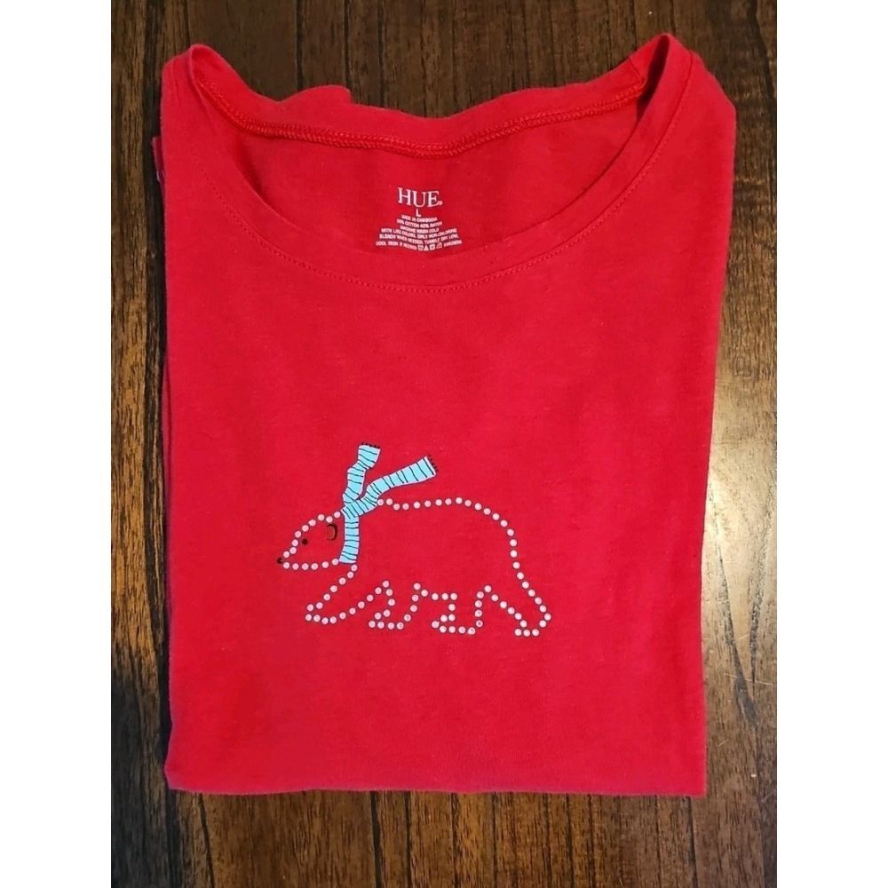 Hue Women's Large Red Long Sleeve Polar Bear Hot Diamonds Rhinestone Holiday Top
